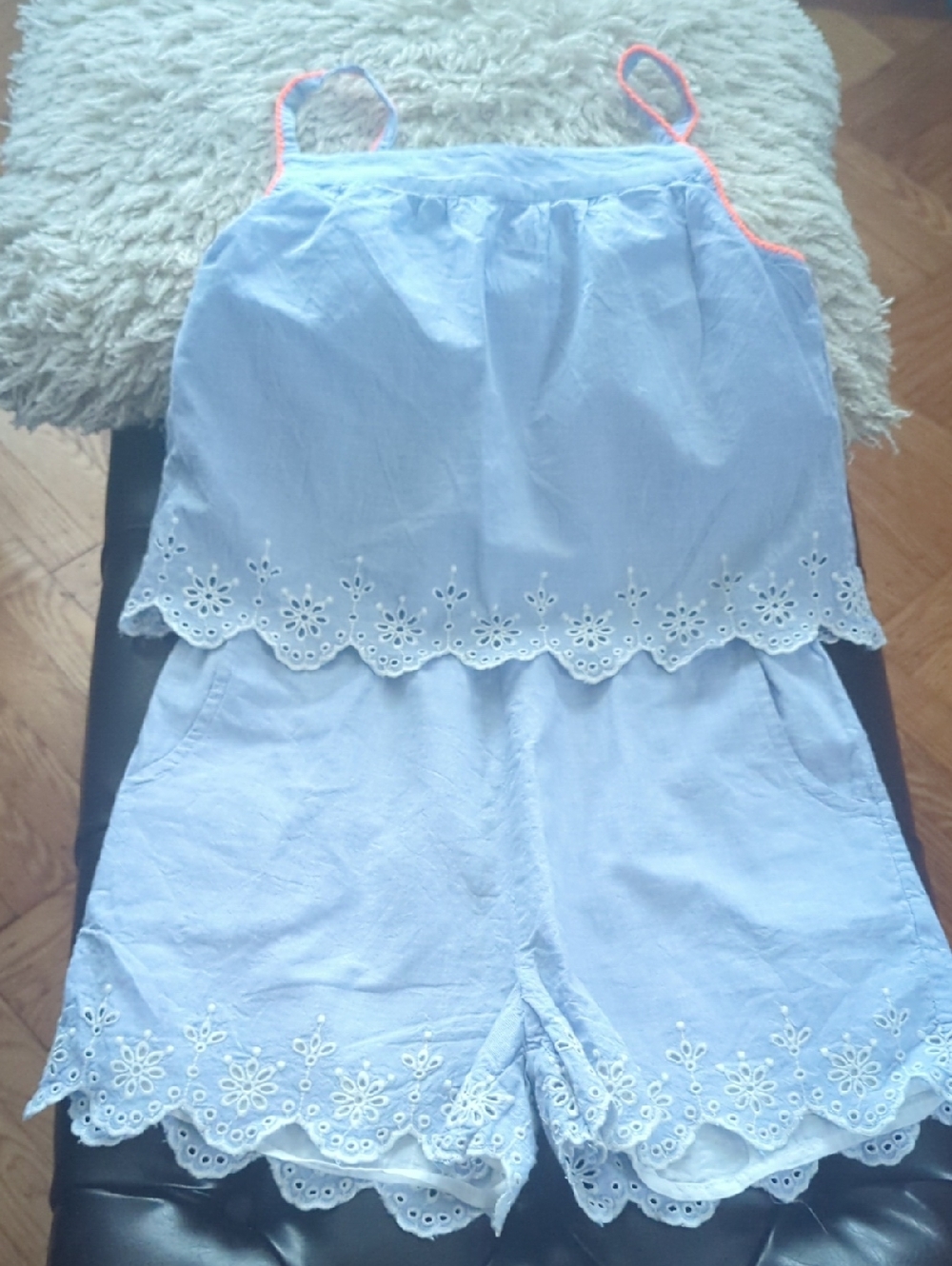 Mini Boden Light Blue Eyelet Skort Romper with Coral Straps